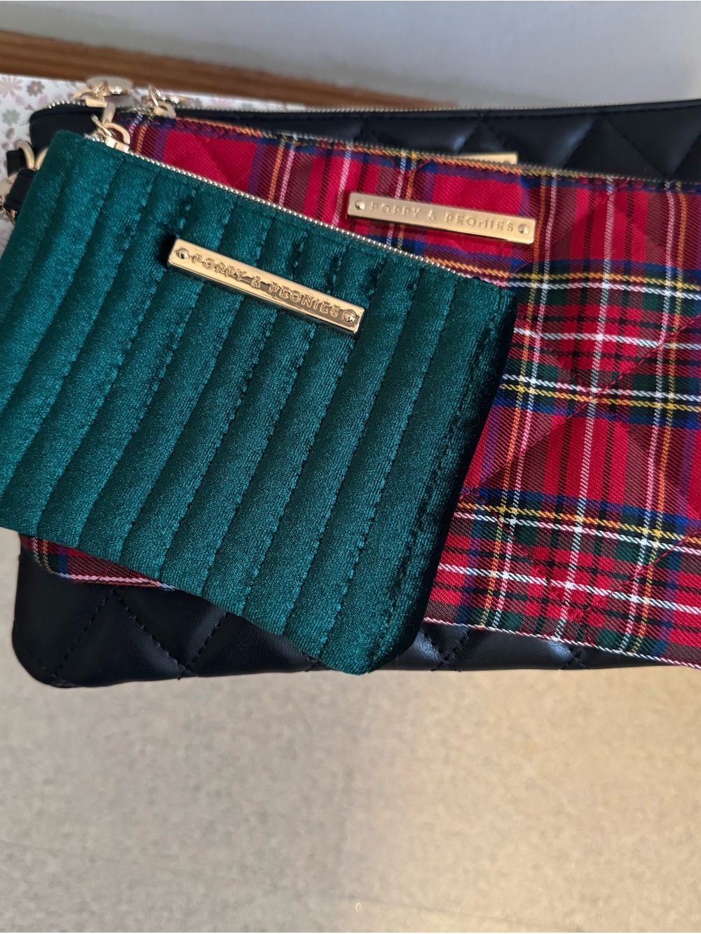 Poppy & Peonies Green Quilted Velvet Card Pouch with Red Tartan Wristlet